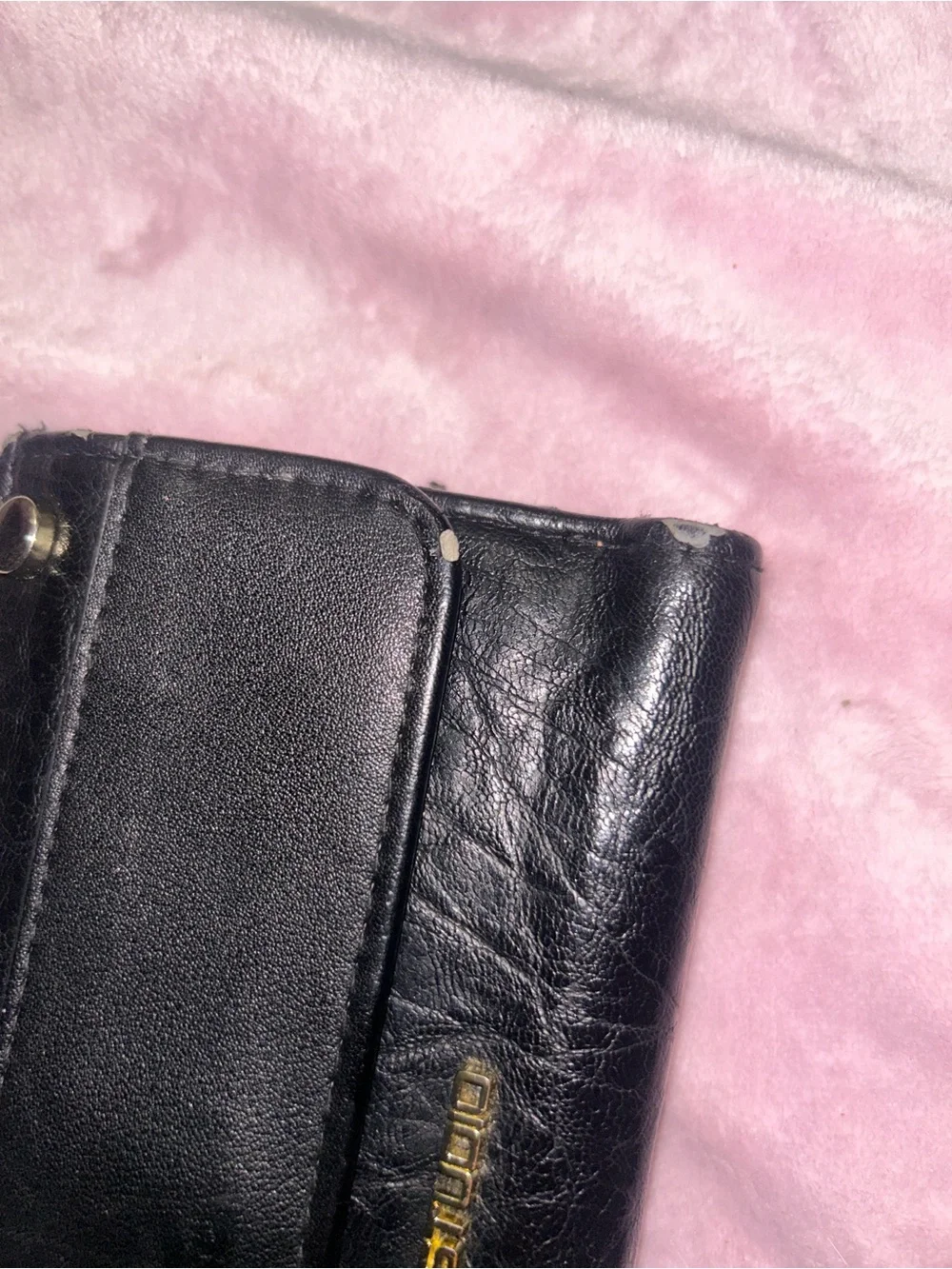used Max Studio Black Leather Wallet with Gold Logo